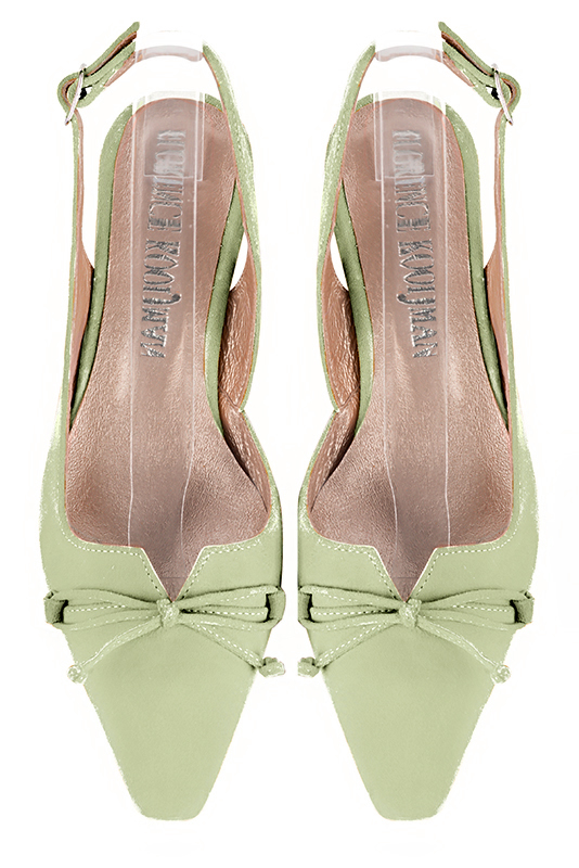 Meadow green women's open back shoes, with a knot. Tapered toe. Low kitten heels. Top view - Florence KOOIJMAN